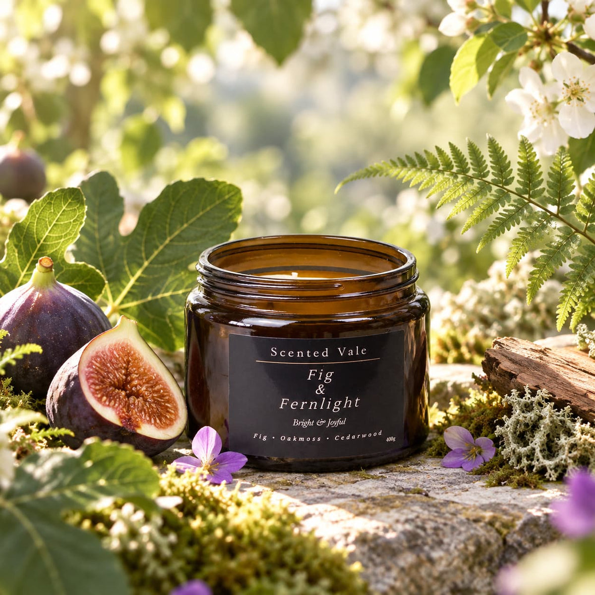 An amber glass jar candle labeled 'Scented Vale Fig & Fernlight' sits outdoors on a mossy stone surrounded by figs, ferns, flowers, and greenery. The candle jar is centered, with natural botanical props and a softly blurred outdoor background.