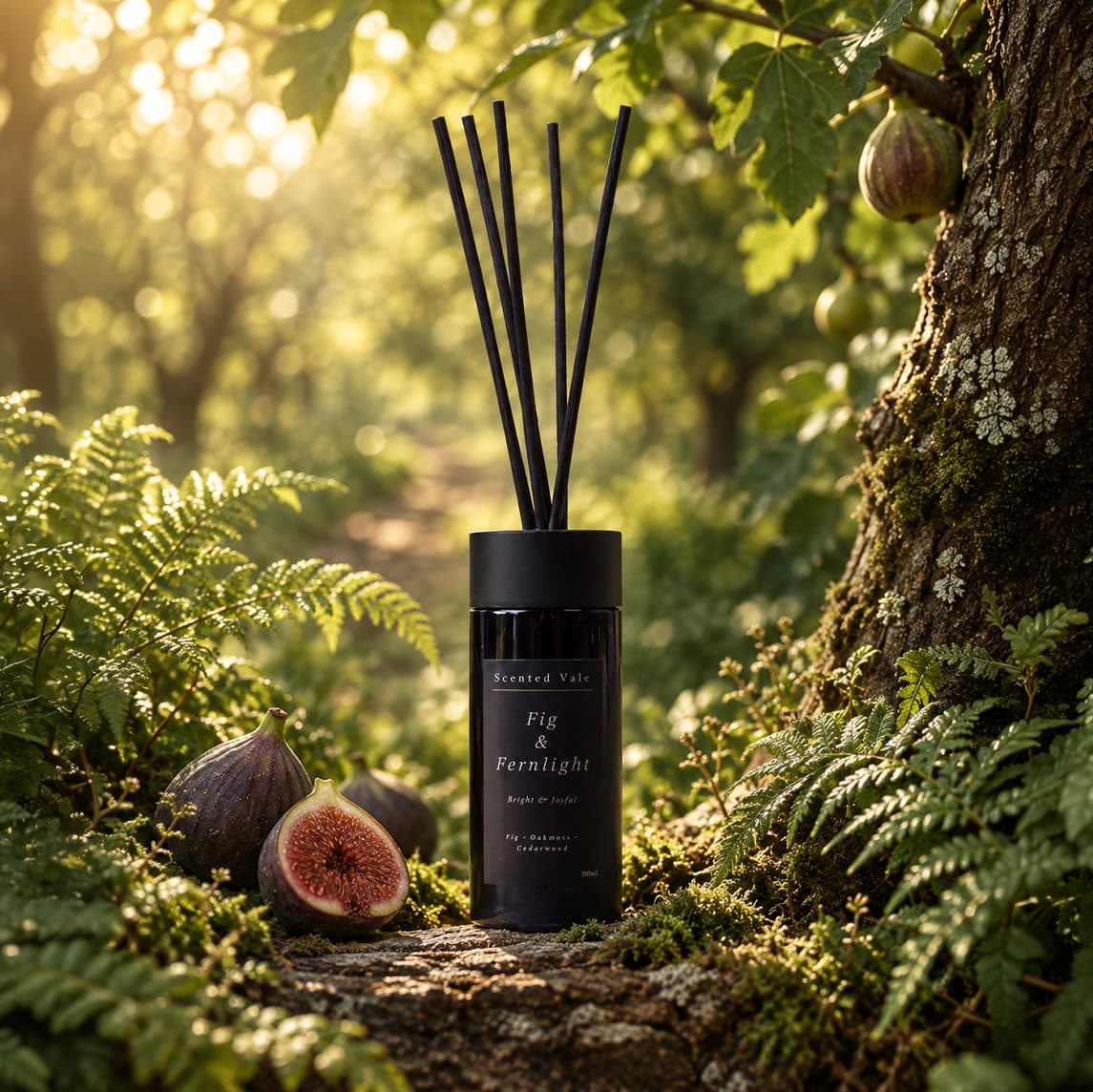 A reed diffuser bottle labeled 'Scented Vale Fig & Fernlight' stands on a mossy log in a forest setting with ferns, trees, and figs visible. The diffuser has black reeds sticking out of the top.
