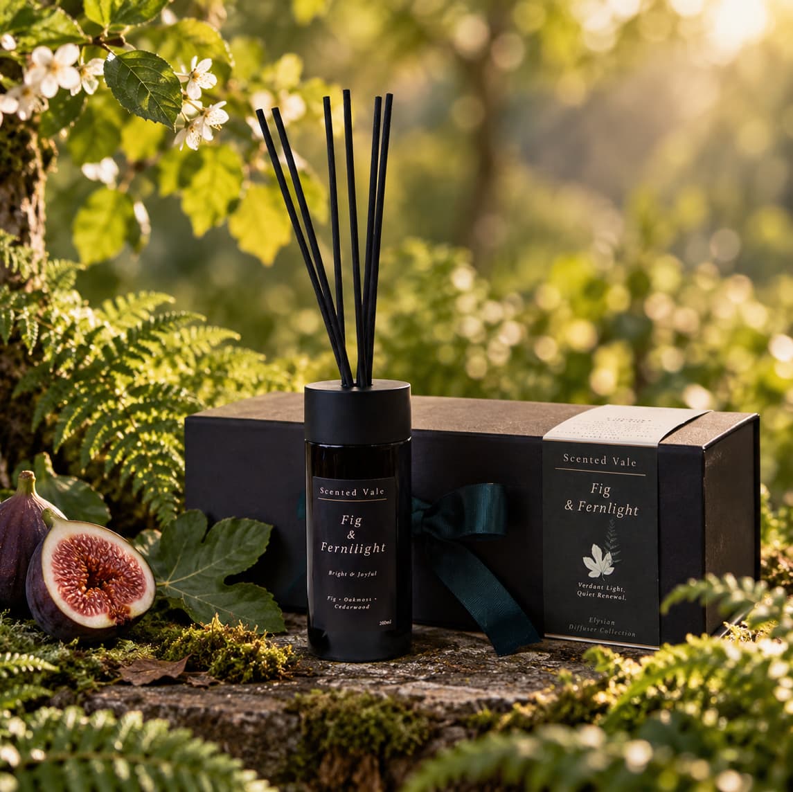 A black reed diffuser bottle labeled 'Scented Vale Fig & Fernlight' stands beside its matching black gift box with a dark ribbon, set outdoors among green leaves, ferns, and figs in a sunlit natural setting.
