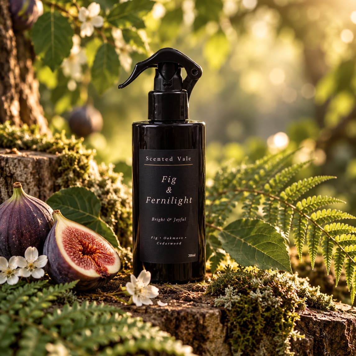 A spray bottle labeled 'Scented Vale Fig & Fernlight' sits on a mossy log outdoors, surrounded by figs, white flowers, ferns, and soft sunlight in a forest setting.