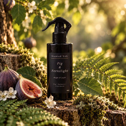 A spray bottle labeled 'Scented Vale Fig & Fernlight' sits on a mossy log outdoors, surrounded by figs, white flowers, ferns, and soft sunlight in a forest setting.