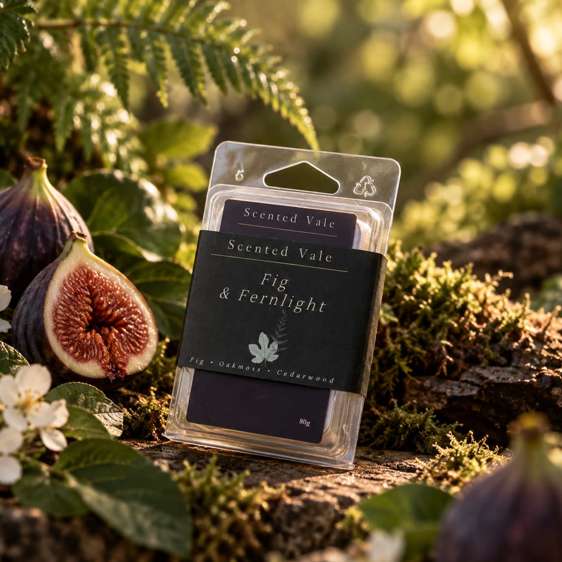 A packaged wax melt labeled 'Scented Vale Fig & Fernlight' stands on mossy wood outdoors, surrounded by figs, leaves, and soft natural light.