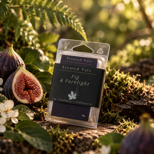 A packaged wax melt labeled 'Scented Vale Fig & Fernlight' stands on mossy wood outdoors, surrounded by figs, leaves, and soft natural light.