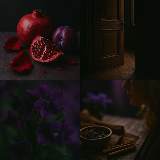 A bold, mysterious collage featuring pomegranate and plum with rose petals, a dimly lit open door, deep violet flowers, and a woman beside spices and shadows. Capturing the rich, sensual allure of Forbidden Pomegranate.