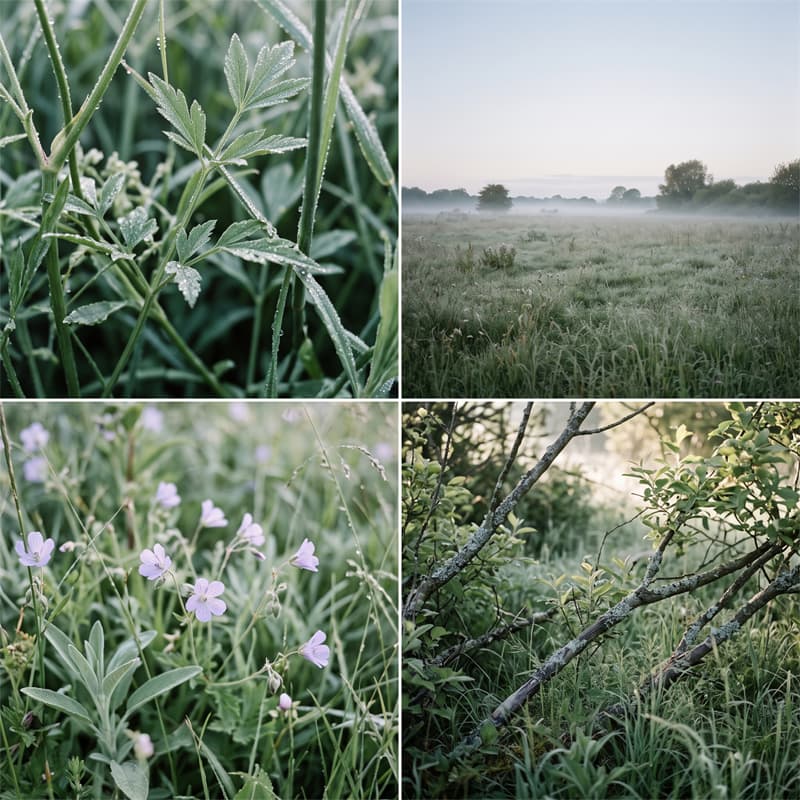 Galbanum & Morning Dew fragrance mood board with dew-covered green leaves, misty meadow, soft wildflowers and fresh morning woodland.