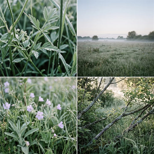 Galbanum & Morning Dew fragrance mood board with dew-covered green leaves, misty meadow, soft wildflowers and fresh morning woodland.