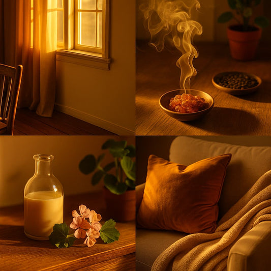 A golden, comforting collage featuring soft light through a curtained window, amber resin gently smoking in a wooden bowl, a bottle of cream with geranium flowers, and a cosy sofa with an ochre velvet cushion, capturing the warm, creamy richness of Golden Sandalwood.