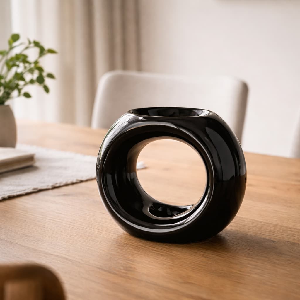 Black Halo wax warmer on a wooden table with a blurred background