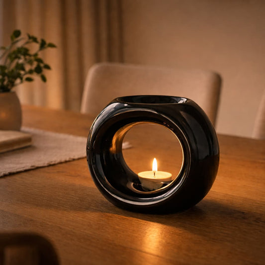 Black Halo ceramic Wax warmer with a lit candle on a wooden table