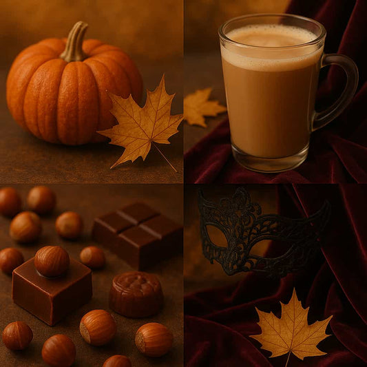 Hazel Hex Mood Board with pumpkin, autum leaf, hazlenuts and chocolate and warm orange backgrounds