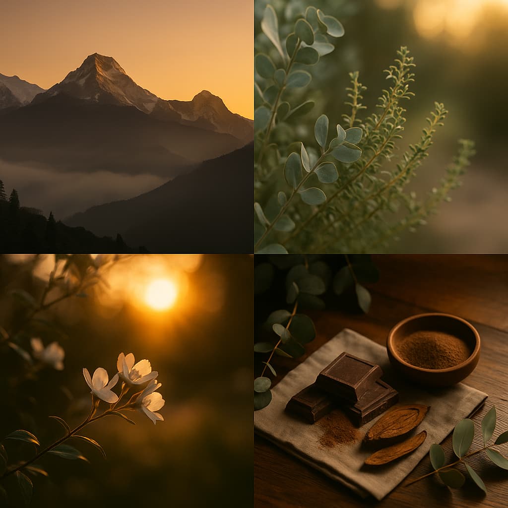 A collage of four photographs captures the essence of a serene Himalayan retreat, misty mountain peaks at sunset, fresh eucalyptus leaves, soft white jasmine flowers, and a warm wooden cabin interior, evoking a romantic, tranquil escape with earthy, floral, and woody notes.