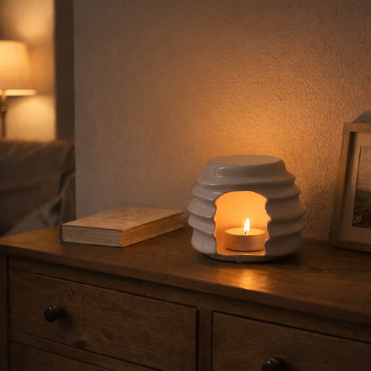 Ceramic Hive wax warmer with a lit candle on a wooden surface in a warm, cosy room.