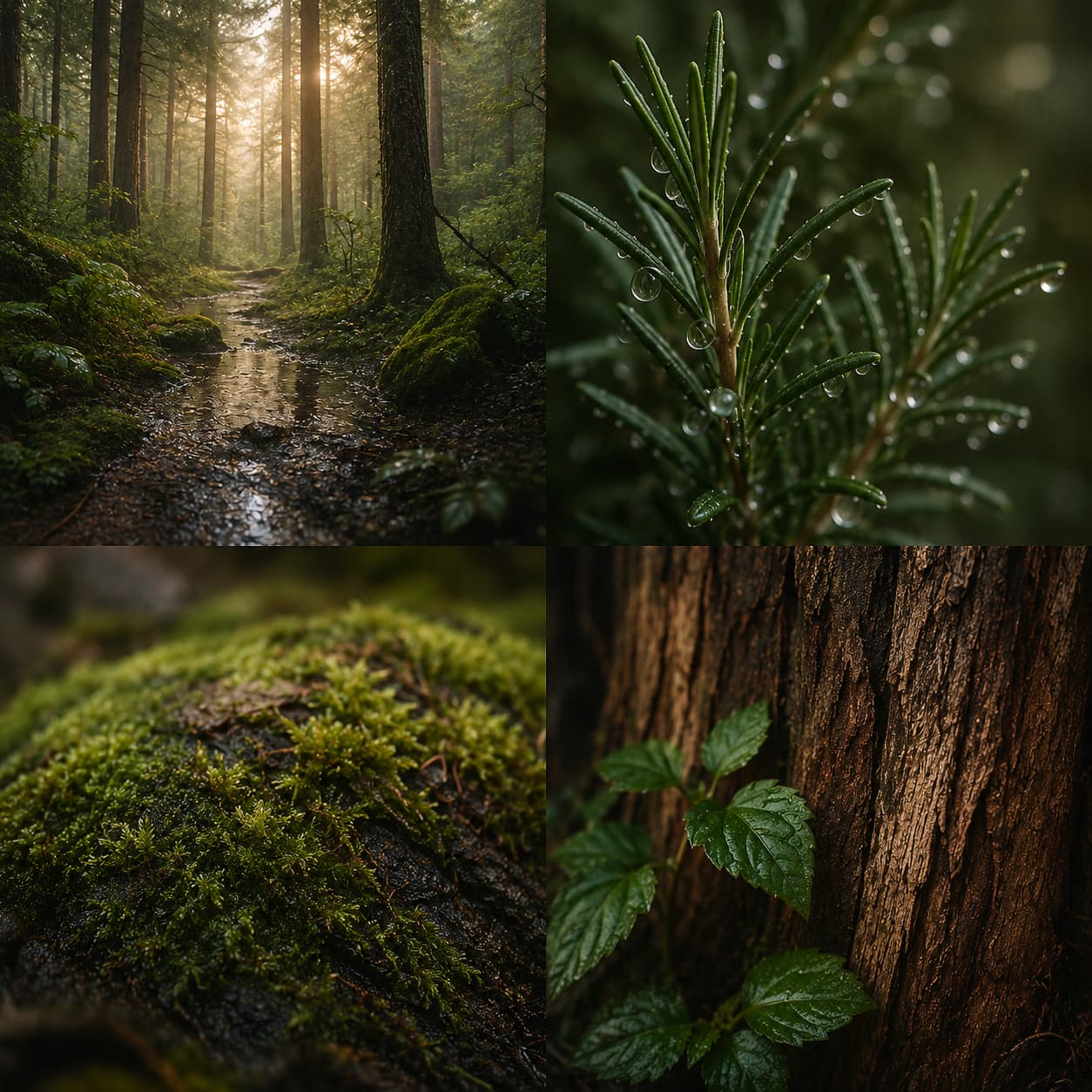 A woodland-inspired mood board featuring rain-soaked forest trails, rosemary sprigs covered in dew, vibrant moss, and cedarwood bark after rainfall evoking the earthy, grounding fragrance of Hushed Earth with notes of rosemary, cedarwood, moss, and patchouli.