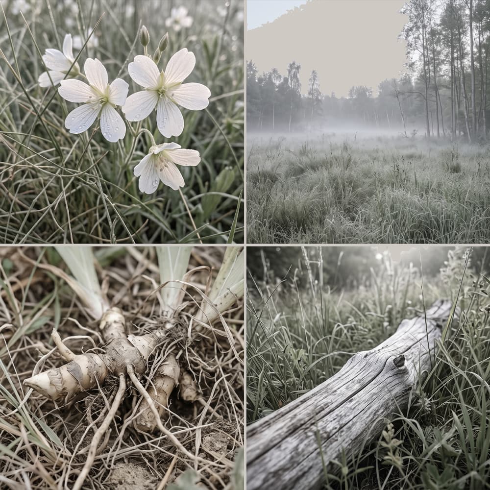 Iris Wood & Pale Mist fragrance mood board with pale meadow flowers, misty grassland, exposed iris root and weathered wood.