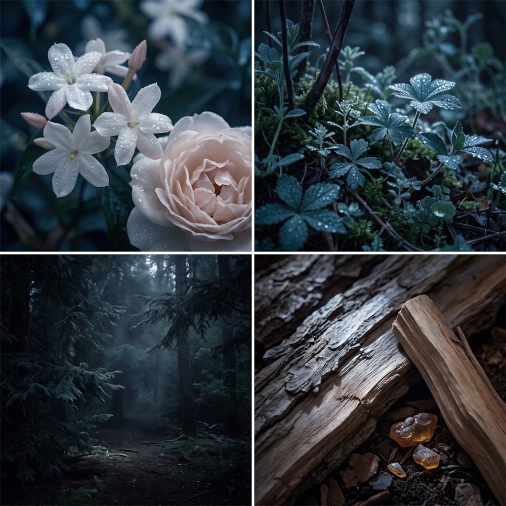 A four-panel collage of moody nature photography: white flowers and a pale pink rose with dew on the top left, blue-green forest plants on the top right, a misty dark forest path on the bottom left, and weathered wood with amber stones on the bottom right.