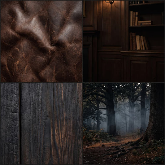 A four-panel collage showcasing dark brown and black textured materials and scenes: a close-up of brown leather, a dark wood bookshelf with books, dark wood planks, and a misty forest path.