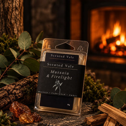 Scented Vale 'Massoia & Firelight' wax melts standing on a rustic log in front of a warm fireplace, surrounded by greenery, amber crystals, and wood pieces.
