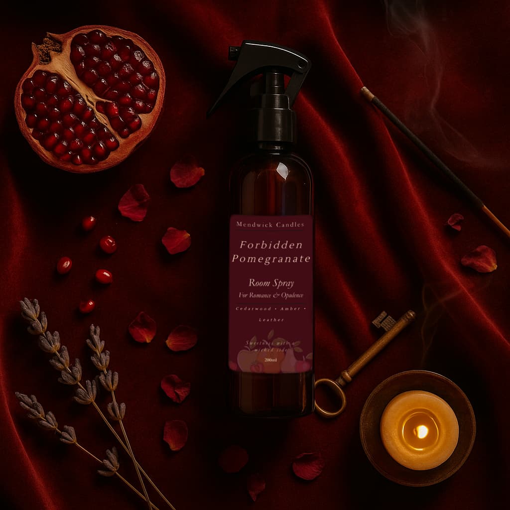 Forbidden Pomegranate room spray lay on a red velvet background with pomegrantes and lit candle. Intimate feeling