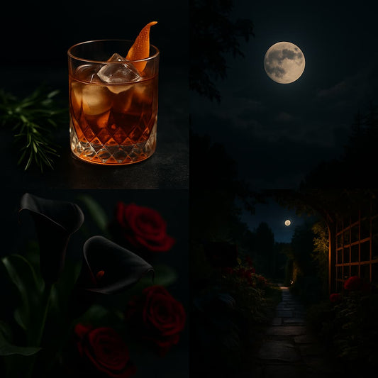 A moody collage of four photographs evoking a dark, sensual fragrance, featuring candlelit cocktails with citrus twists, shadowy black lilies, a velvet coat on a vintage chair, and deep amber lighting that captures the mystery of midnight.