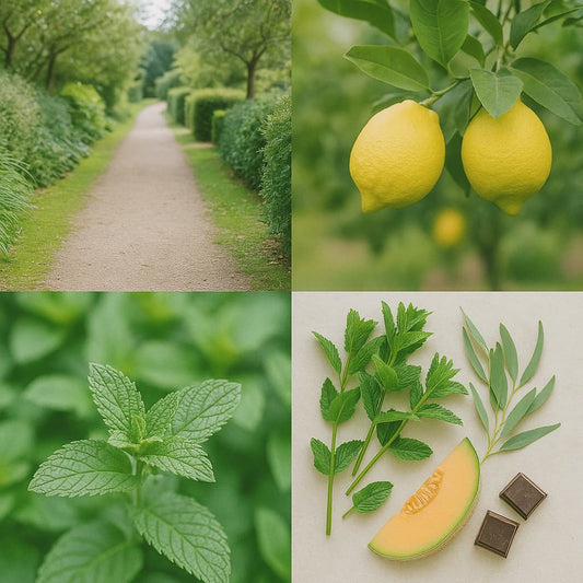 A refreshing garden-inspired collage featuring a leafy green path, ripe lemons hanging from branches, close-up mint leaves, and a styled arrangement of mint, eucalyptus, melon, and dark chocolate, capturing the cool, natural clarity of Mint Breeze.