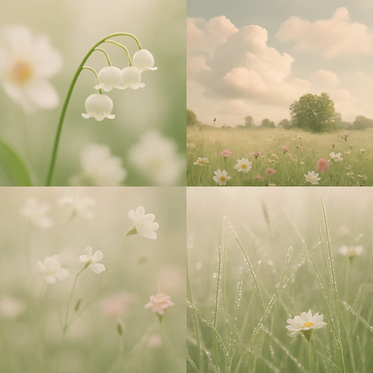 A soft, tranquil collage featuring wildflowers in a misty meadow, white lilies swaying in the breeze, delicate grass dusted with dew, and a sheer curtain billowing in golden morning light, capturing the gentle calm of Musked Meadow.