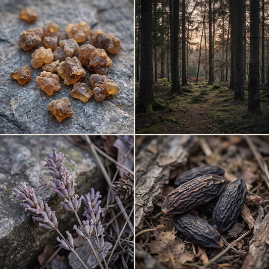 Myrrh & Velvet Dusk fragrance mood board with amber myrrh resin, shadowed woodland, dried lavender and dark tonka beans.
