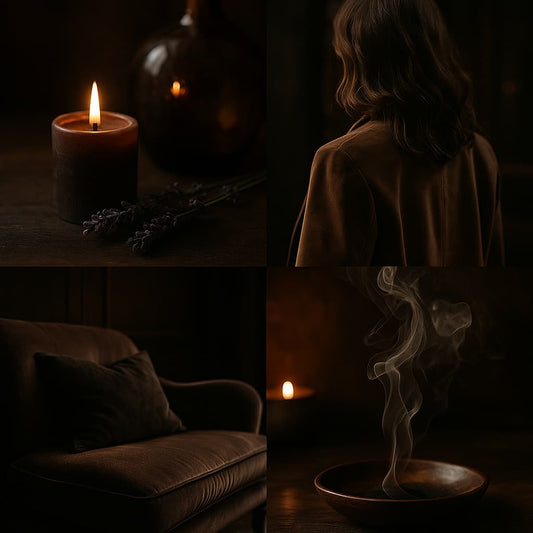 A moody, luxurious collage featuring a dark candle beside lavender, a woman in a soft suede jacket, a plush velvet armchair in dim light, and curling smoke from a wooden incense bowl, capturing the intimate, smoky warmth of Noir Embrace.