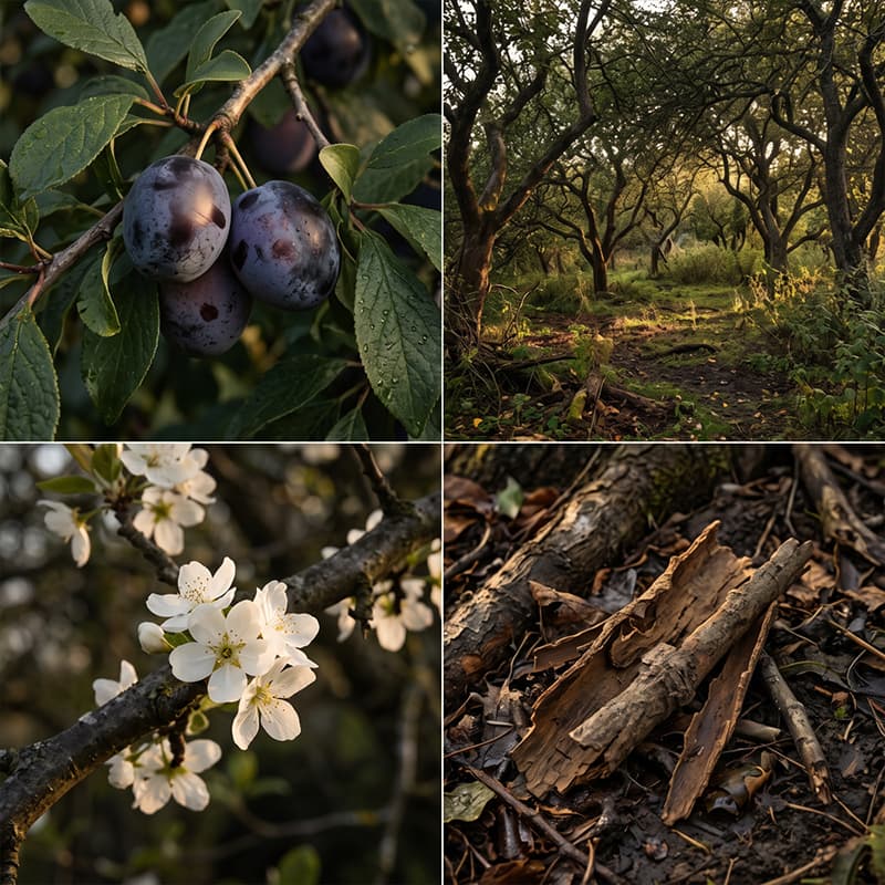 Orchard Bloom & Spiced Amber fragrance mood board with ripe dark plums, sunlit orchard trees, white blossom and weathered fallen wood.