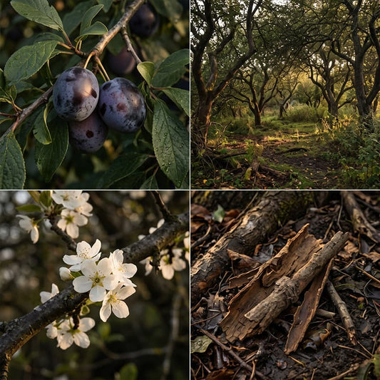 Orchard Bloom & Spiced Amber fragrance mood board with ripe dark plums, sunlit orchard trees, white blossom and weathered fallen wood.