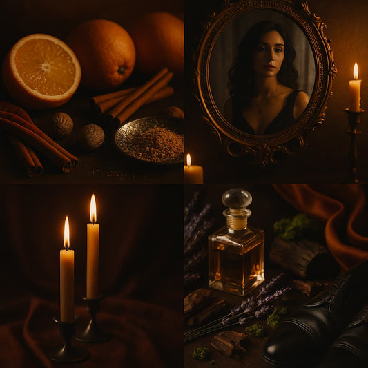 A moody, intimate collage featuring spiced citrus and nutmeg, a woman reflected in an ornate mirror, rich velvet drapes, and dark shoes beside lavender and moss, capturing the sensual mystery and opulence of Pandora’s Box.