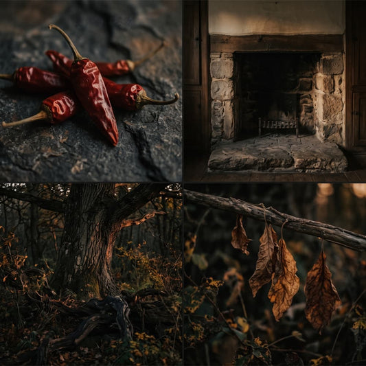 A four-panel collage showing Pimento on a dark stone surface, a rustic stone fireplace with wood beams, a tree trunk in a forest, and hanging brown leaves on a branch.