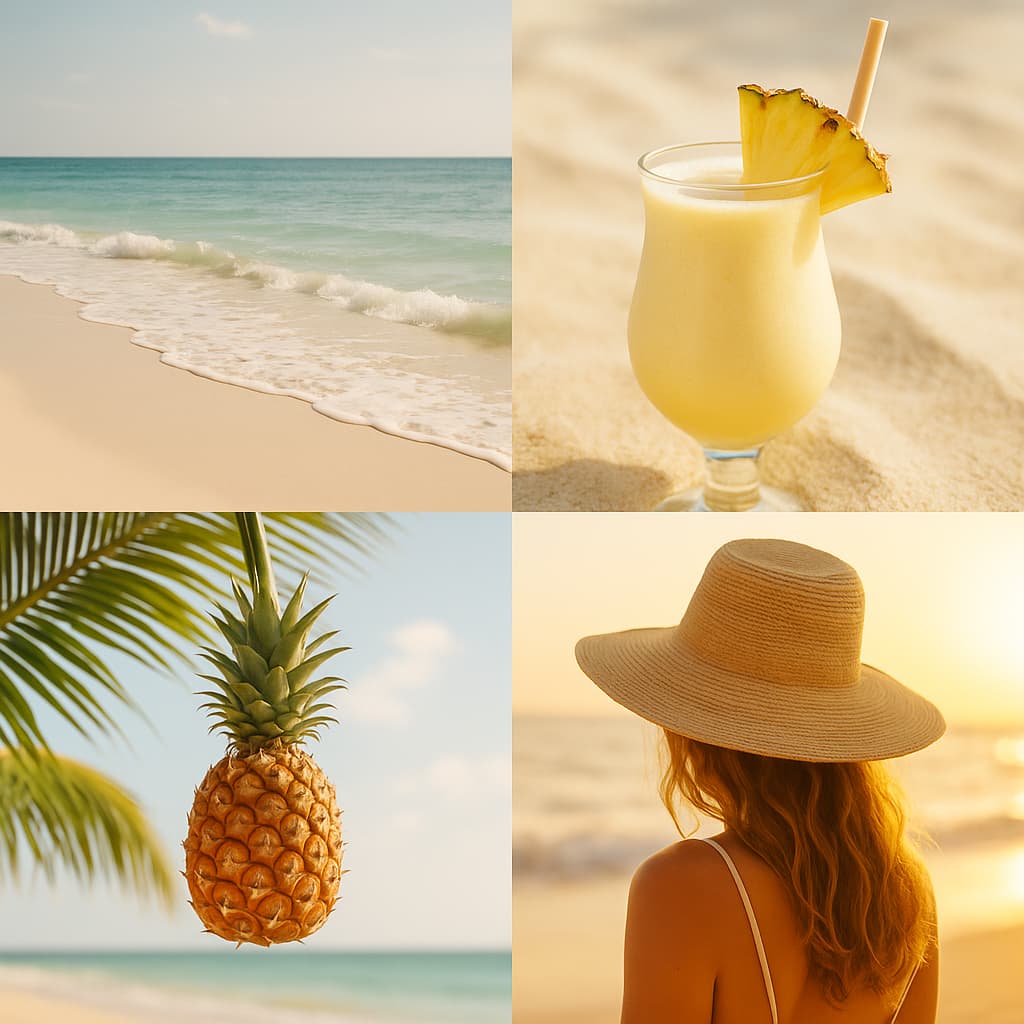 A tropical mood board collage evoking the scent of Pina Colada, featuring imagery of ripe pineapple, creamy coconut, golden beaches, and sunny skies, perfect for fruity summer fragrance lovers.