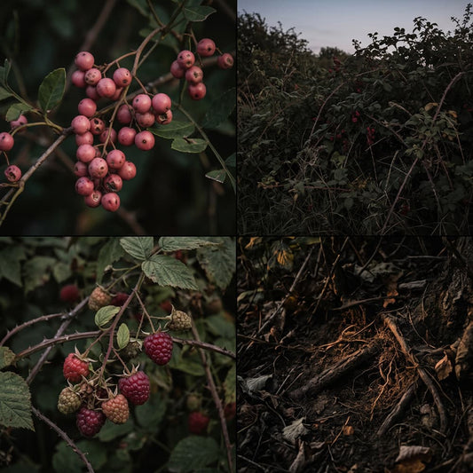 Pink Peppercorn & Dark Bramble fragrance mood board with pink peppercorn berries, wild bramble, ripe raspberries and dark woodland roots.