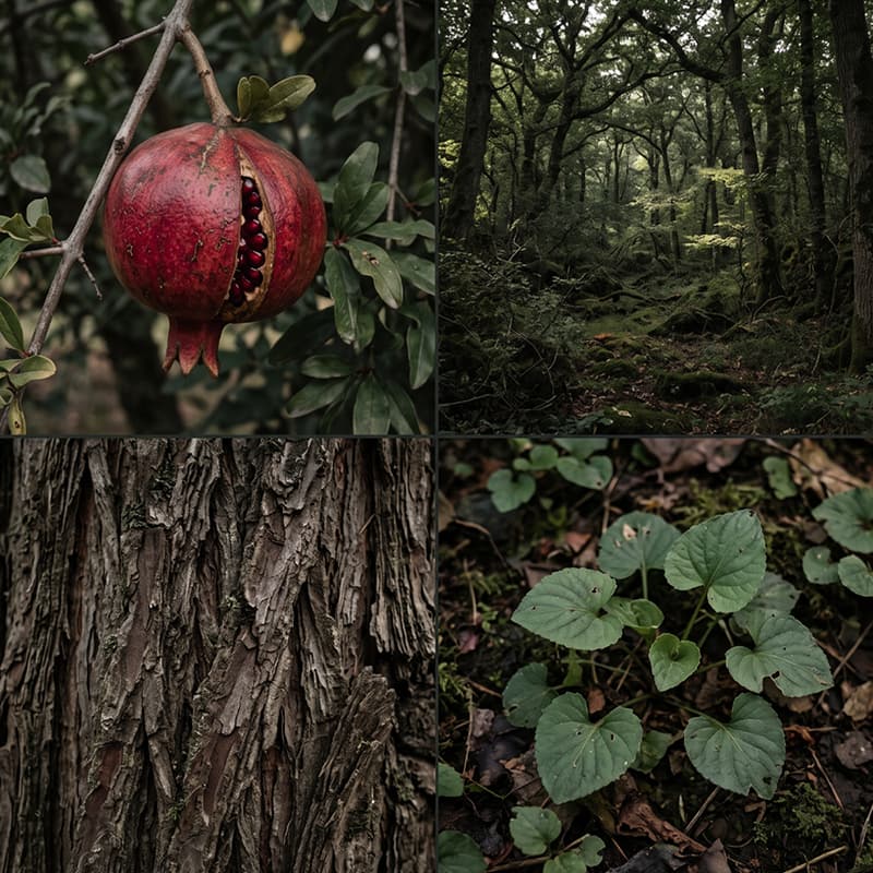 Pomegranate & Shadowed Glen fragrance mood board with ripe pomegranate, dense green woodland, rugged tree bark and violet leaves on the forest floor.