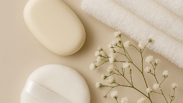 A bar of soap, floral, powderer and towels on a biege background