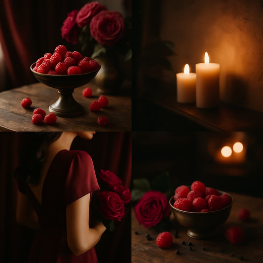 A collage of four photographs arranged in a square captures the essence of Raspberry Noir. Rich red raspberries under moody lighting, a dancer’s silhouette, glowing candlelight , and deep pink rose petals are scattered on dark silk. The atmosphere is bold, romantic, and elegant, evoking a sense of rhythm, intimacy, and allure.