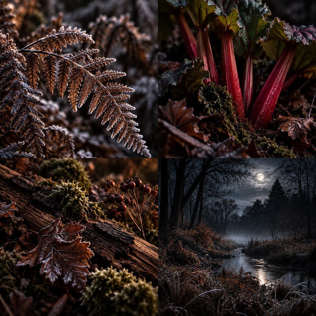 A four-panel collage of moody natural scenes: frosted fern leaves on a log, close-up rhubarb stalks with dark green and red leaves, a misty forest stream under a full moon, and frost-covered ground with brown leaves and moss.