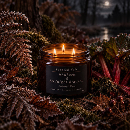 A three-wick scented candle in an amber glass jar sits surrounded by frosty ferns, rhubarb leaves, and dark forest ground. The jar has a dark label reading, Scented Vale Rhubarb & Midnight Bracken