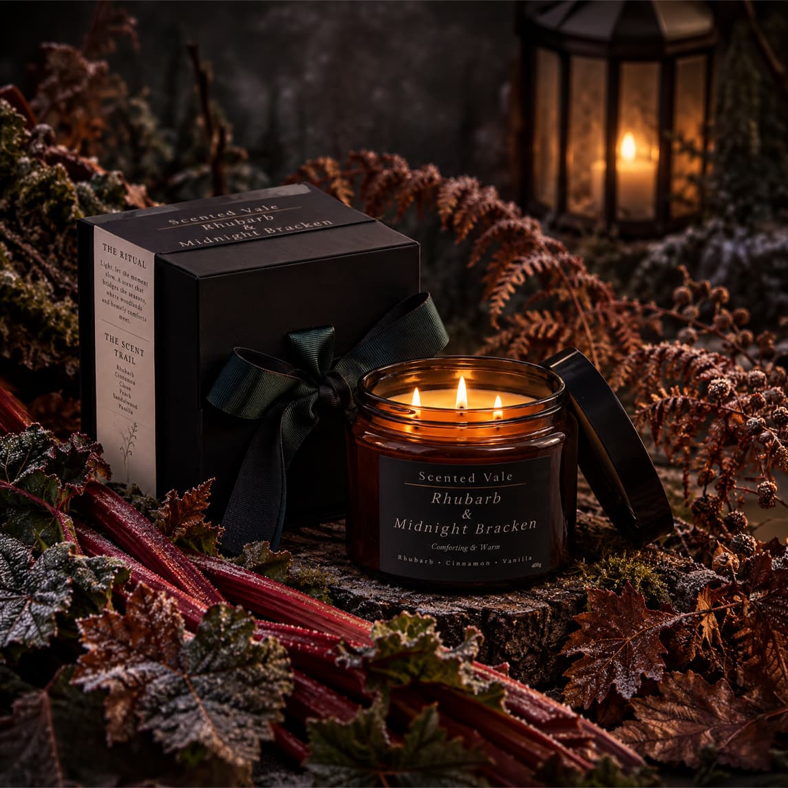 A lit amber glass scented candle with its black box and dark green ribbon bow, styled among rhubarb leaves and dried foliage in a moody autumn setting.