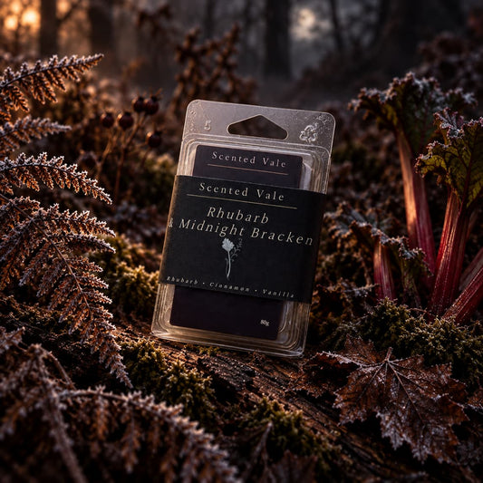 A packaged wax melt labelled Scented Vale Rhubarb & Midnight Bracken, stands upright outdoors among frosty ferns and mossy ground, with warm sunlight filtering through the background.