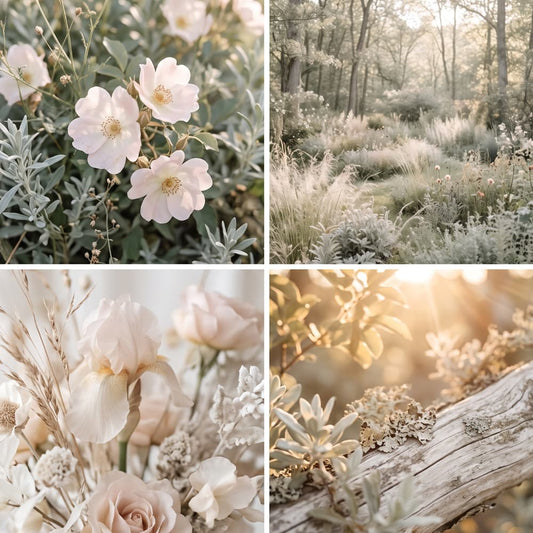 A four-panel collage of soft, warm-toned nature and floral imagery: pale pink flowers among silvery-green leaves, a sunlit meadow with grasses and trees, a bouquet of blush and cream flowers, and dried botanicals on weathered wood in golden light.
