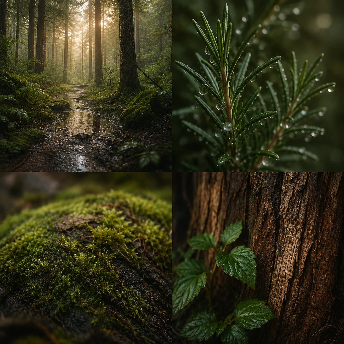 A woodland-inspired mood board featuring rain-soaked forest trails, rosemary sprigs covered in dew, vibrant moss, and cedarwood bark after rainfall evoking the earthy, grounding fragrance of Rosemary and Forest rain with notes of rosemary, cedarwood, moss, and patchouli.