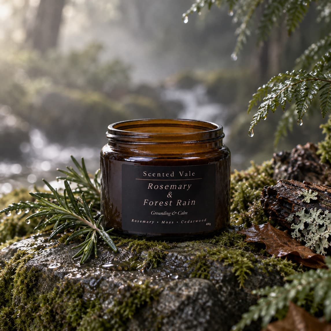 An amber glass jar candle labeled 'Scented Vale Rosemary & Forest Rain' sits on a mossy log in a forest setting with pine branches and blurred trees in the background.