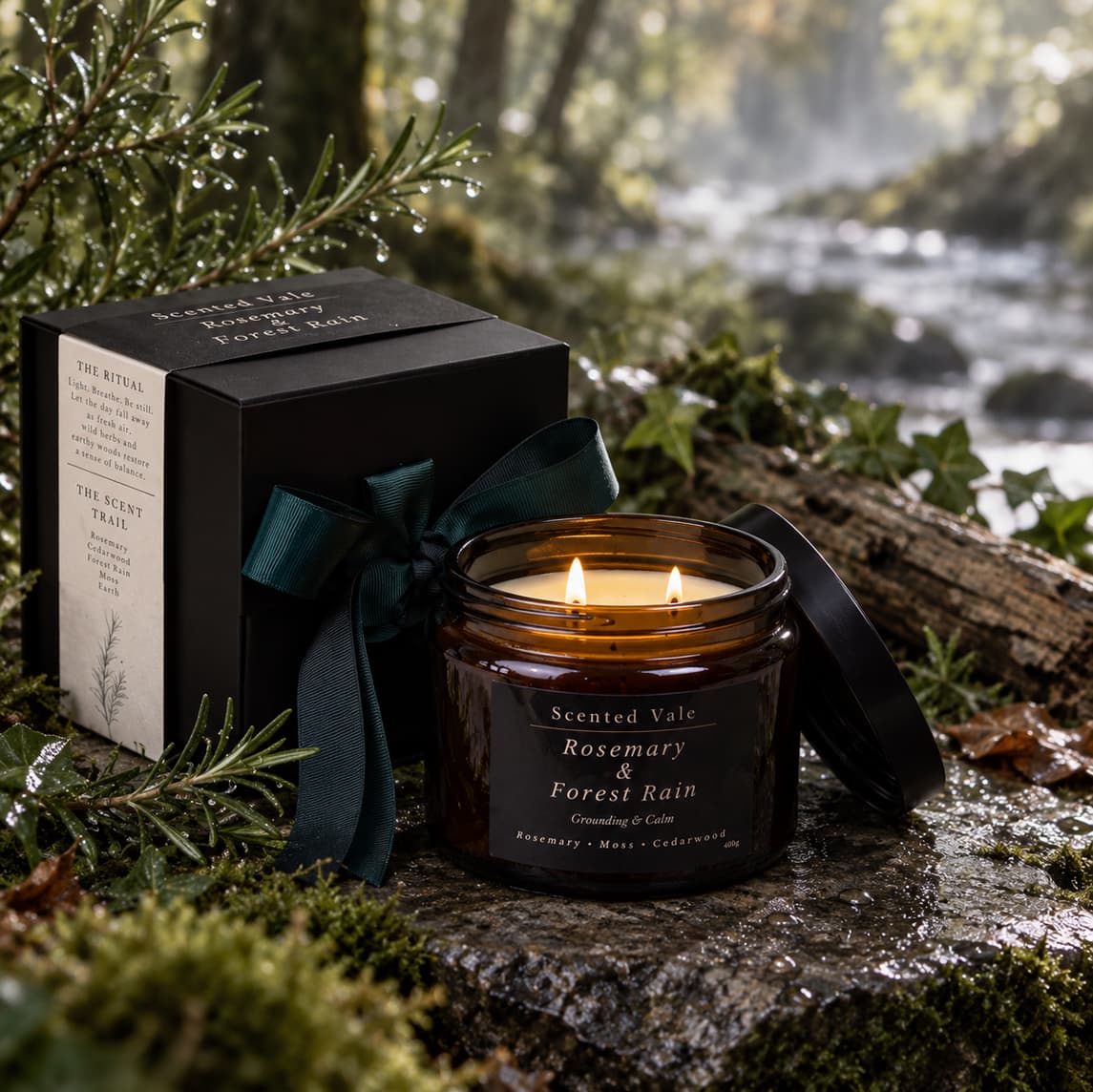 An amber glass jar candle labeled 'Scented Vale Rosemary & Forest Rain' sits on a mossy log beside its black gift box with a dark teal ribbon, in a forest setting with a blurred stream in the background.