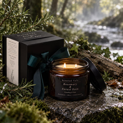 An amber glass jar candle labeled 'Scented Vale Rosemary & Forest Rain' sits on a mossy log beside its black gift box with a dark teal ribbon, in a forest setting with a blurred stream in the background.