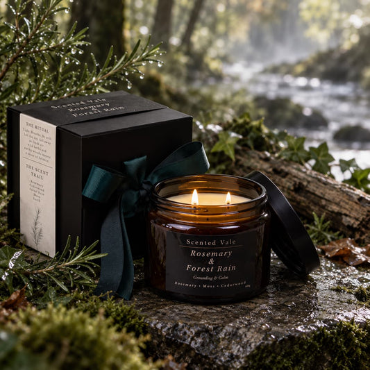 An amber glass jar candle labeled 'Scented Vale Rosemary & Forest Rain' sits on a mossy log beside its black gift box with a dark teal ribbon, in a forest setting with a blurred stream in the background.