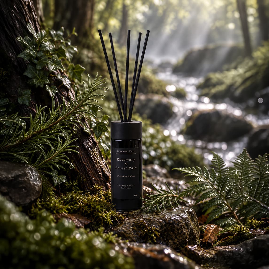 A reed diffuser bottle labeled 'Rosemary & Forest Rain' stands on mossy rocks beside a forest stream, with reeds inserted and a blurred woodland scene in the background.