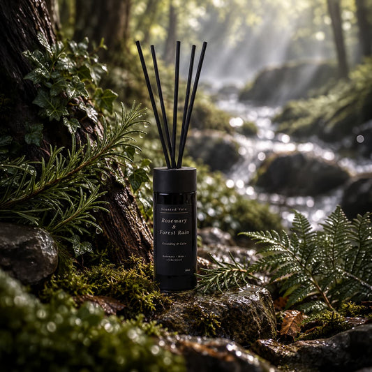 A reed diffuser bottle labeled 'Rosemary & Forest Rain' stands on mossy rocks beside a forest stream, with reeds inserted and a blurred woodland scene in the background.