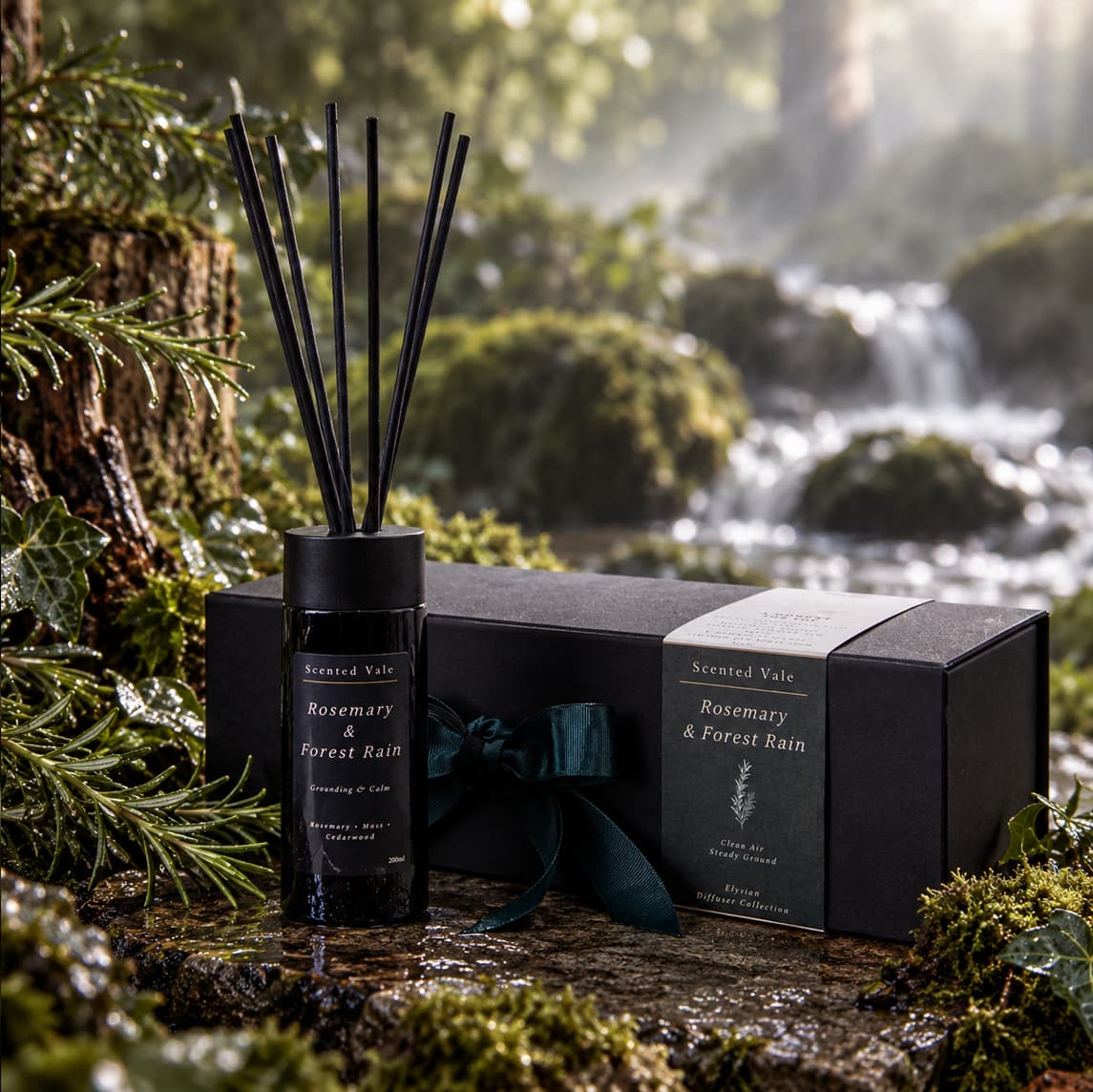 A scented reed diffuser bottle labeled 'Rosemary & Forest Rain' stands beside its matching black gift box with a dark teal ribbon, placed outdoors on mossy rocks near a blurred forest stream and waterfall.
