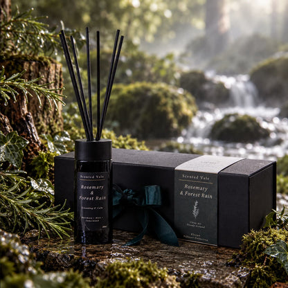 A scented reed diffuser bottle labeled 'Rosemary & Forest Rain' stands beside its matching black gift box with a dark teal ribbon, placed outdoors on mossy rocks near a blurred forest stream and waterfall.